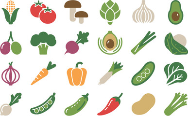 A colorful assortment of vector drawn vegetables arranged neatly on a white seamless background