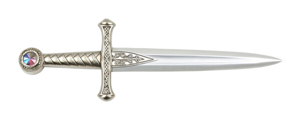 Silver medieval dagger with ornate handle and jeweled pommel