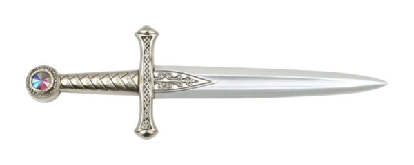 Silver medieval dagger with ornate handle and jeweled pommel