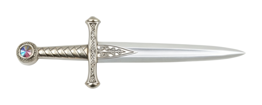 Silver medieval dagger with ornate handle and jeweled pommel