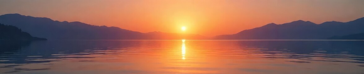 Naklejka premium Serene sunrise over tranquil water, reflecting the hopeful calm of a meditative state Perfect for wellness, mindfulness, and spiritual themes , breathing, wellness