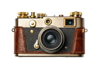 Vintage brass camera with leather details and viewfinder