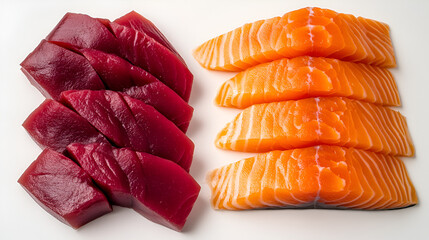 Slices of fresh raw tuna and salmon sashimi arranged side-by-side on a white surface, showcasing vibrant colors and textures.