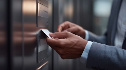 Business professional using access card at elevator control panel in modern office building