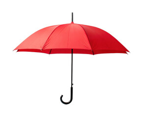 Classic red umbrella with curved handle opened upright against neutral background