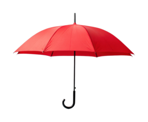 Classic red umbrella with curved handle opened upright against neutral background