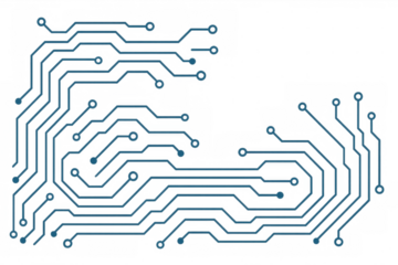 Intricate electronic circuit board pattern connecting digital nodes, creating a technological network on a transparent background, ideal for digital and tech-related designs