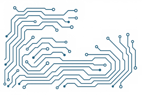 Intricate electronic circuit board pattern connecting digital nodes, creating a technological network on a transparent background, ideal for digital and tech-related designs - Powered by Adobe