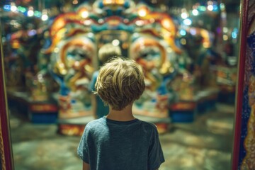 Obraz premium Child gazes at ornate, colorful carousel