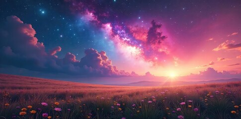 Vast, ethereal fields stretching to a breathtaking celestial expanse; swirling nebulae paint the heavens with vibrant hues A surreal landscape where earth and cosmos meet , orange, mystical