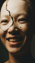 Faceless Smile with Cracked Porcelain Mask – Surreal Emotional Portrait