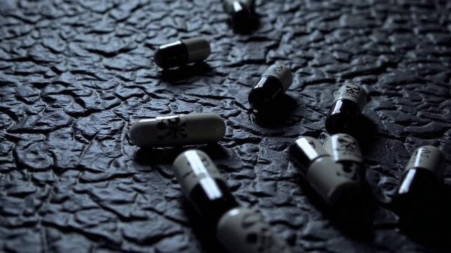 Medication capsules featuring skull and crossbones symbol on dark stone surface