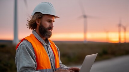 Construction worker analyzes data at wind farm during sunset in rural area