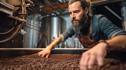 Artisan's Touch: A focused artisan meticulously examines the roasted coffee beans. The scene captures a dedication to craft. 