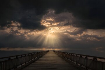 Naklejka premium A wooden pier leading to a sunlit sky