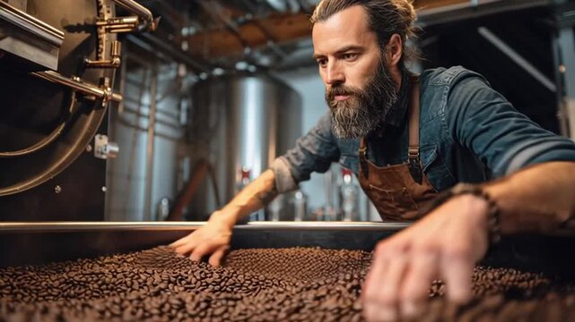Artisan's Touch: A focused artisan meticulously examines the roasted coffee beans. The scene captures a dedication to craft. 