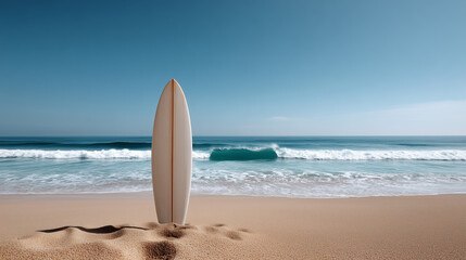 Surfboard Standing Upright on Sandy Beach with Ocean in Background