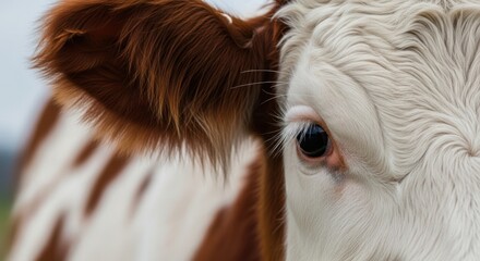 Close up of a brown and white cow's face eye and ear detail