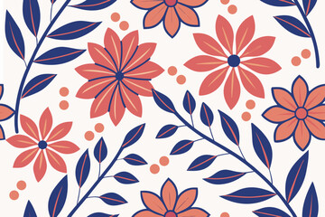 Coral and navy floral pattern with leaves and dots blue