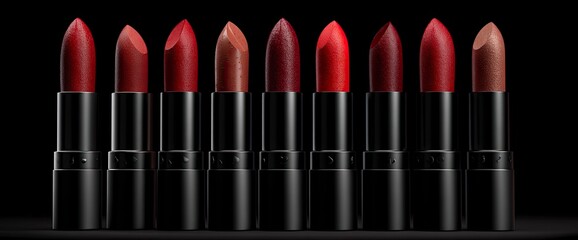 Obraz premium 3D render of various shades of red lipsticks on a black background, in a minimalist style. 