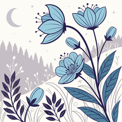 Moonlit Blue Flowers in Bloom – Stylized Floral Vector with Forest Background