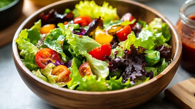 Fresh Mixed Salad in a Wooden Bowl with Cherry Tomatoes and Dressing