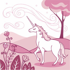 Magical Unicorn in Pink Fantasy Landscape – Whimsical Fairy Tale Illustration