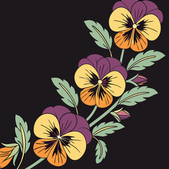 Vintage Pansy Flower Illustration – Colorful Botanical Floral Art on Dark Background