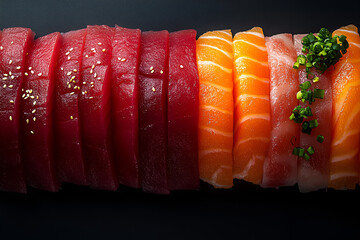 Close-up of sliced raw tuna and salmon sashimi arranged in a row, showcasing vibrant colors and textures on a dark background.