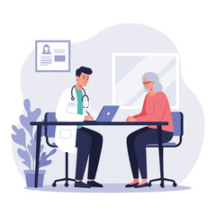 Young doctor advising elderly woman in clinic