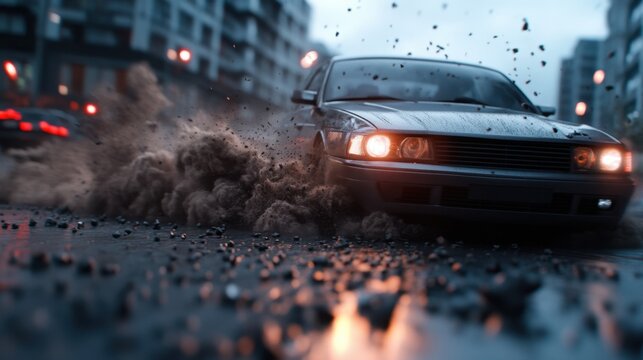 Vintage car racing in urban street at full speed during rainy evening - Powered by Adobe