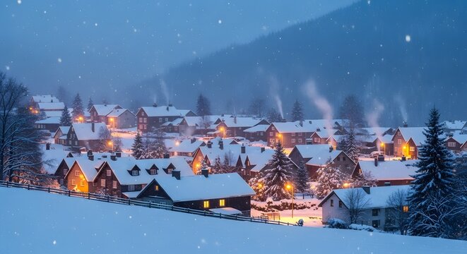 Old European town cityscape with snow-covered houses, a river, and Santa Claus under a winter sky