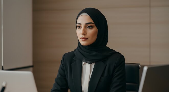 Portrait of a woman wearing a hijab and a black blazer in an office setting looking forward