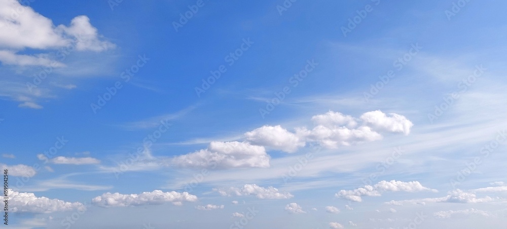 Wall mural panoramic cloudscape in clear blue sky in summer. nature sky background with fluffy clouds.