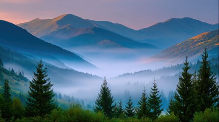 Obraz premium Misty Carpathian Mountains at Dawn