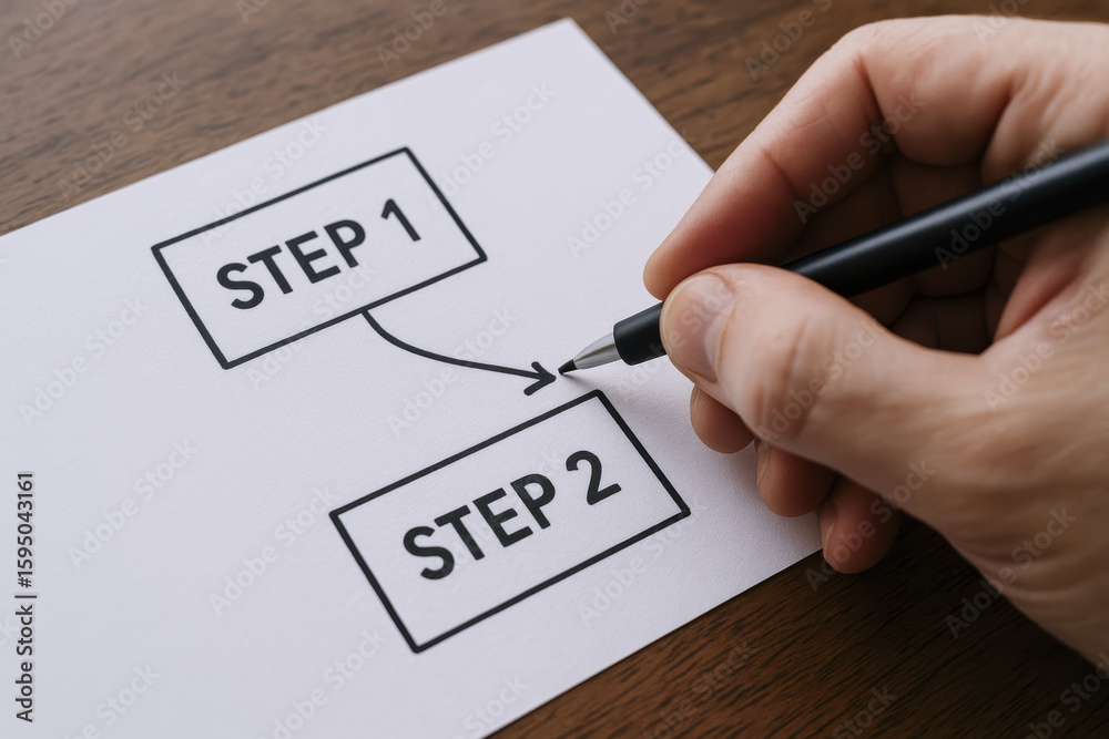 Poster step to step workflow drawing connects task lines in a clear process and procedural phase design