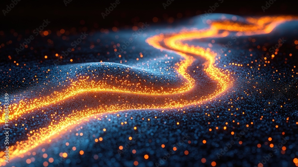 Fototapete abstract data flow visualization with glowing particle streams on a dark surface