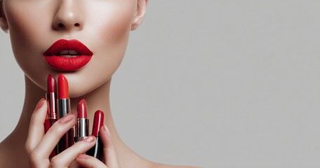 29 jewelry preparations for National Lipstick Day, beautiful woman with red lips holding cosmetic products in her hands and applying lipstick on her face, isolated gray background, copy space banner 