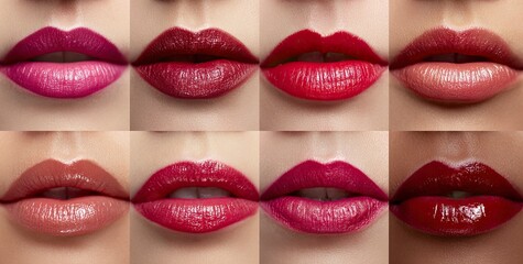 9 different lip colors on a woman's lips, various shades of pink and red lipstick on the same woman's face, close-up of lips with natural-looking makeup, different color shades of glossy lipstick,
