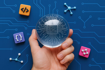 Hand gripping glass orb features circuit design with technology code and neural connection lines