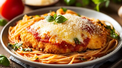Classic Chicken Parmesan Served with Spaghetti and Fresh Basil