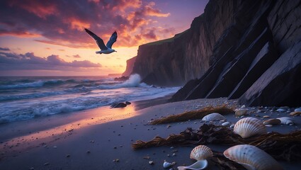 Seagull Flying over Sandy Beach at Sunset with Rocky Cliffs