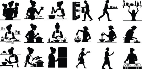 Woman Cooking in Kitchen Silhouette – Domestic Chef Icon Set Female Cooking at Stove – Home Kitchen Black Silhouette Vector
