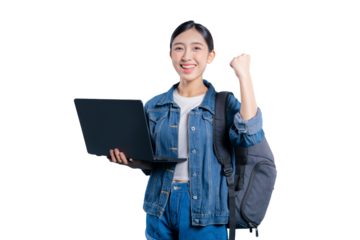 A successful young Asian student holding a laptop and cheering with a triumphant fist pump after an academic achievement on png 