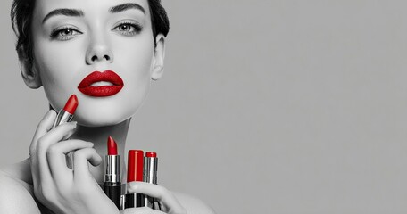 29 jewelry preparations for National Lipstick Day, beautiful woman with red lips holding cosmetic products in her hands and applying lipstick on her face, isolated gray background, copy space banner 