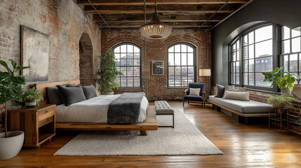 Stylish Industrial Loft Bedroom with Exposed Brick Walls and Natural Light Abundance