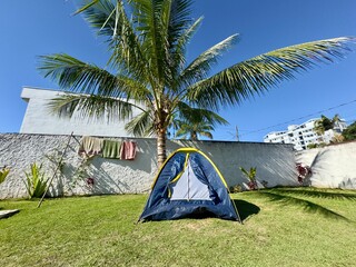 Tenda de campismo montada num relvado tropical sob uma palmeira num dia ensolarado. Ambiente tranquilo e perfeito para lazer ao ar livre.