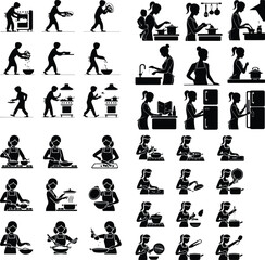 Woman Cooking in Kitchen Silhouette – Domestic Chef Icon Set Female Cooking at Stove – Home Kitchen Black Silhouette Vector