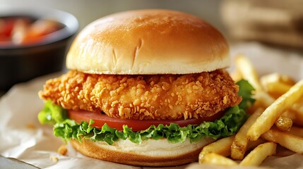 Crispy Chicken Sandwich with Lettuce, Tomato, and French Fries