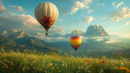 Fototapeta premium Hot air balloons over wildflower meadow and mountains